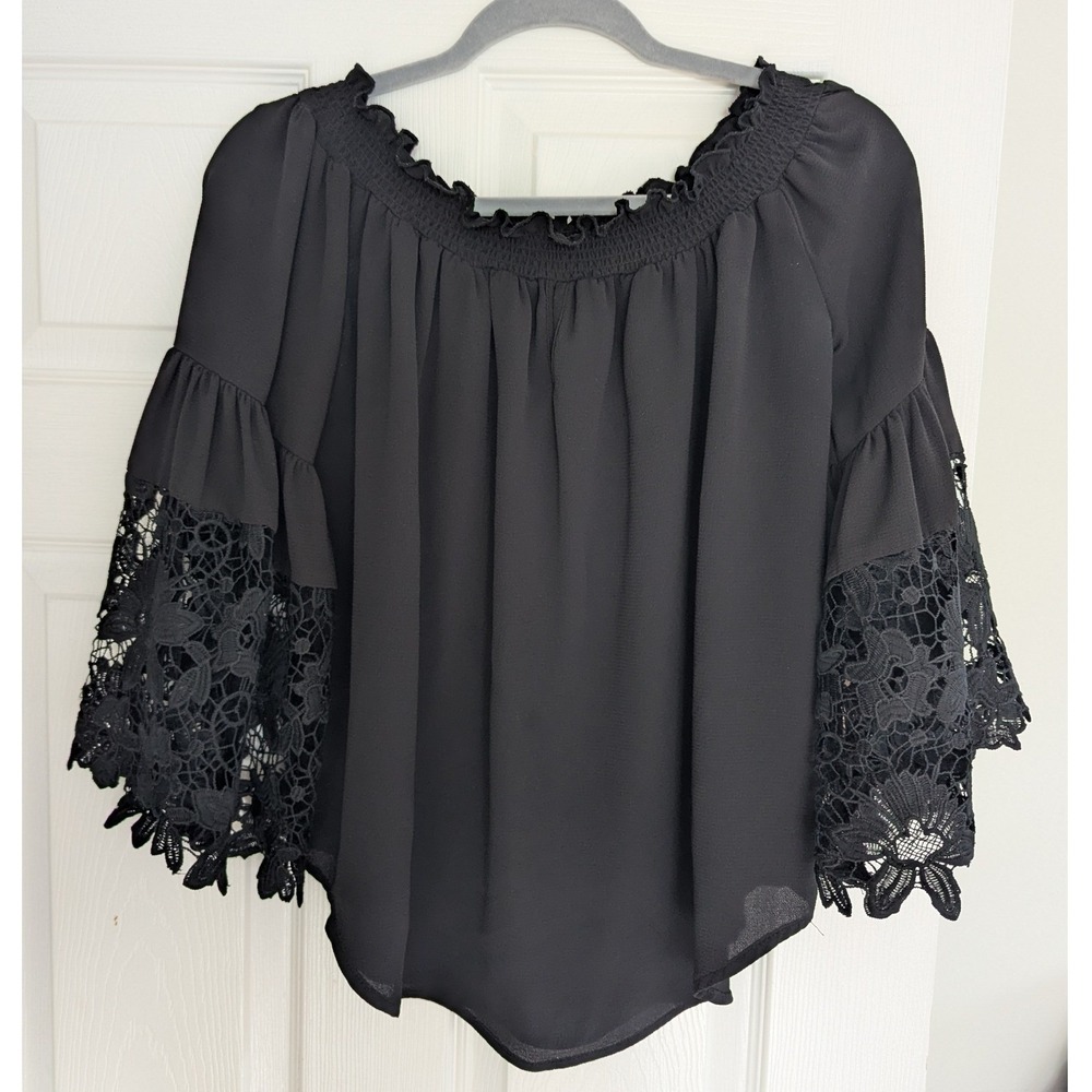 Black Blouse Top Lace Bell Sleeve Off Shoulder Sz S Whimsigoth Dark Romantic